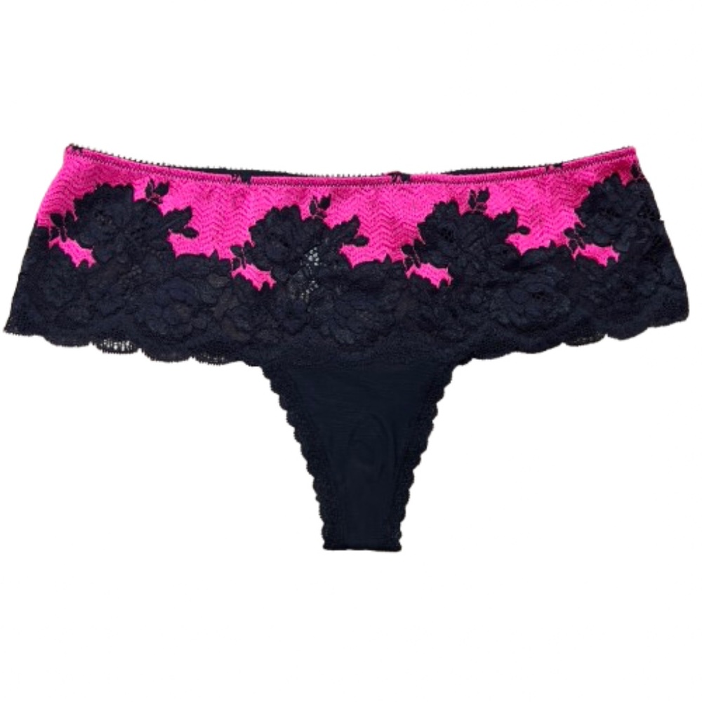 NEW Victoria's Secret Panty Tanga Panties Black Lace Hot Pink Thong Crystal Bow